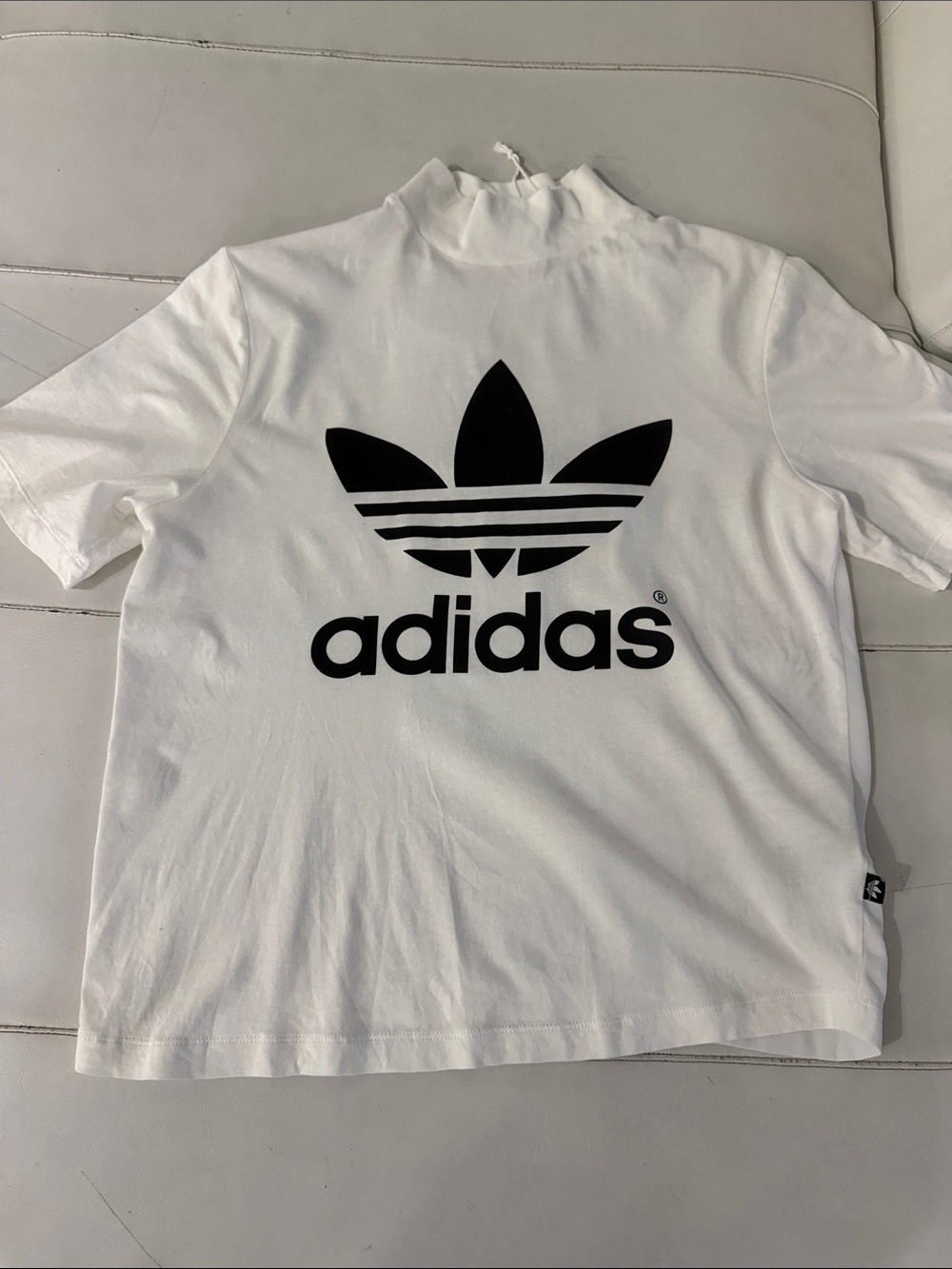 NWT adidas White mockneck Tee with Black Trefoil Logo sheer back small
